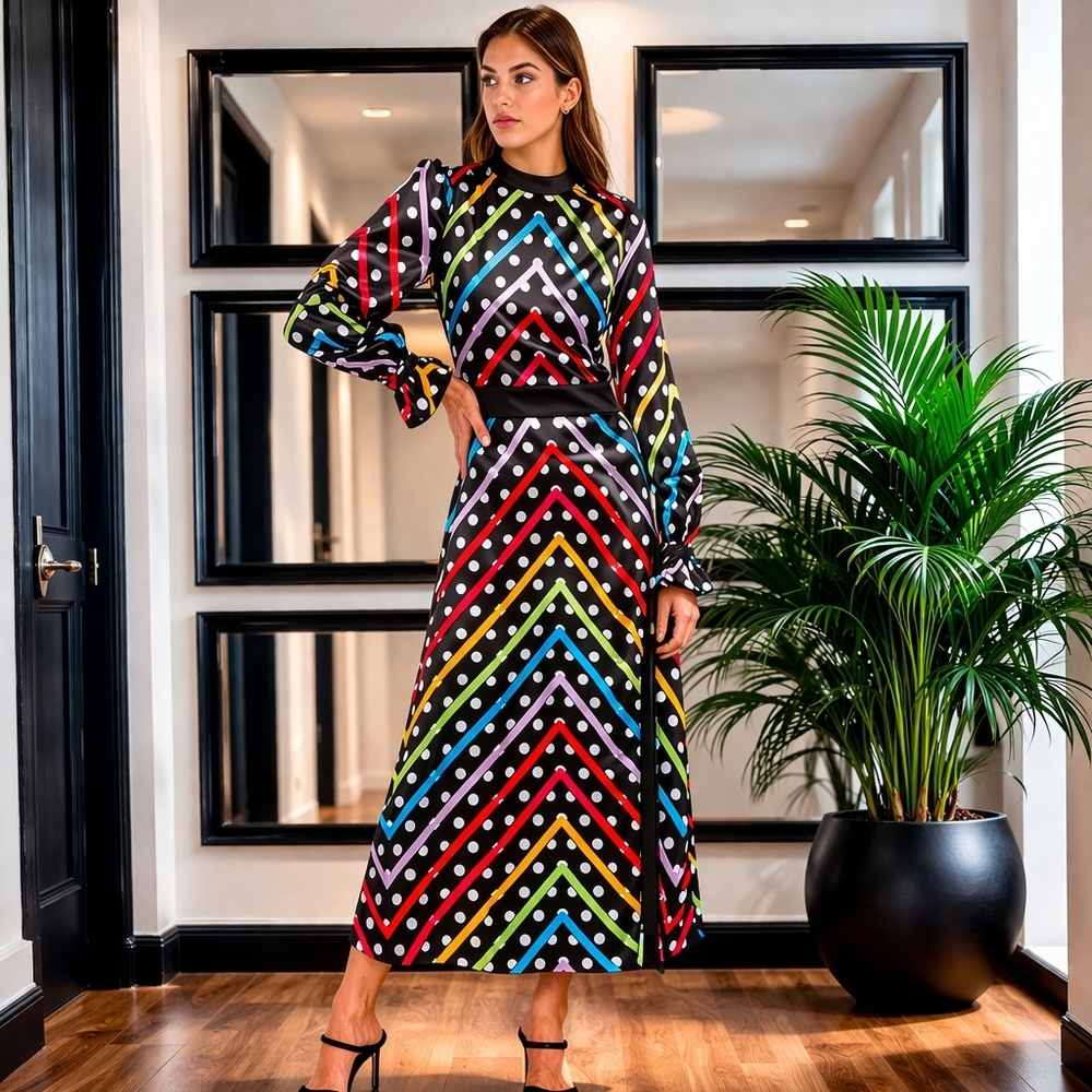 OLIVIA RUBIN Marley Multicolor Chevron Midi Dress, Polka Dots Size 6 NWT